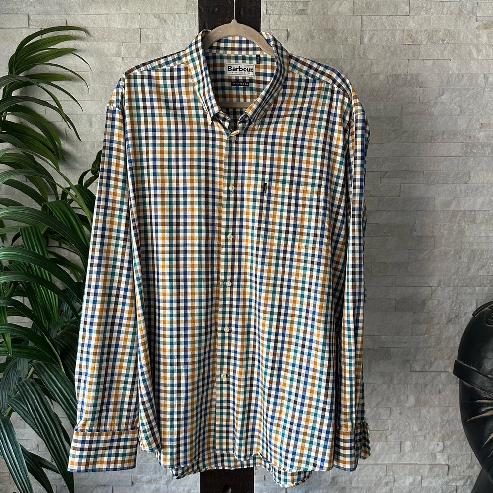 Barbour Plaid Check “Tailored Fit” Button Down Cotton Shirt Size XL